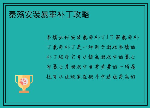 秦殇安装暴率补丁攻略